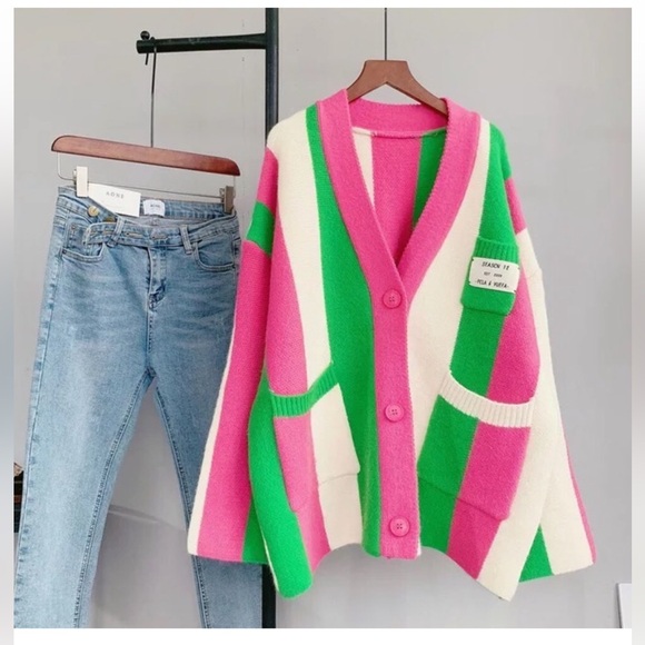 Stripe cardigan green pink wide sleeve pocket sweater button - Picture 2 of 7